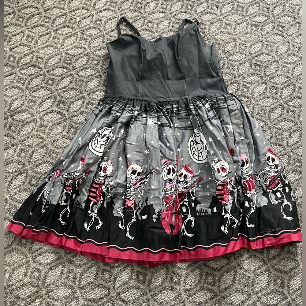 Gray & Black Skeleton Print Party Dress with Pink Accents
